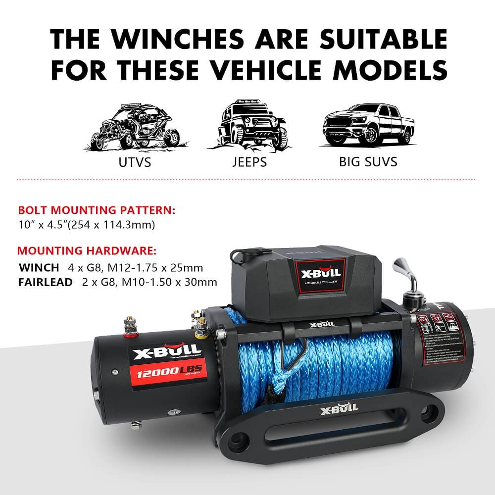 12V Electric Winch 12000LBS synthetic rope with 4PCS Recovery Tracks Gen3.0 Black