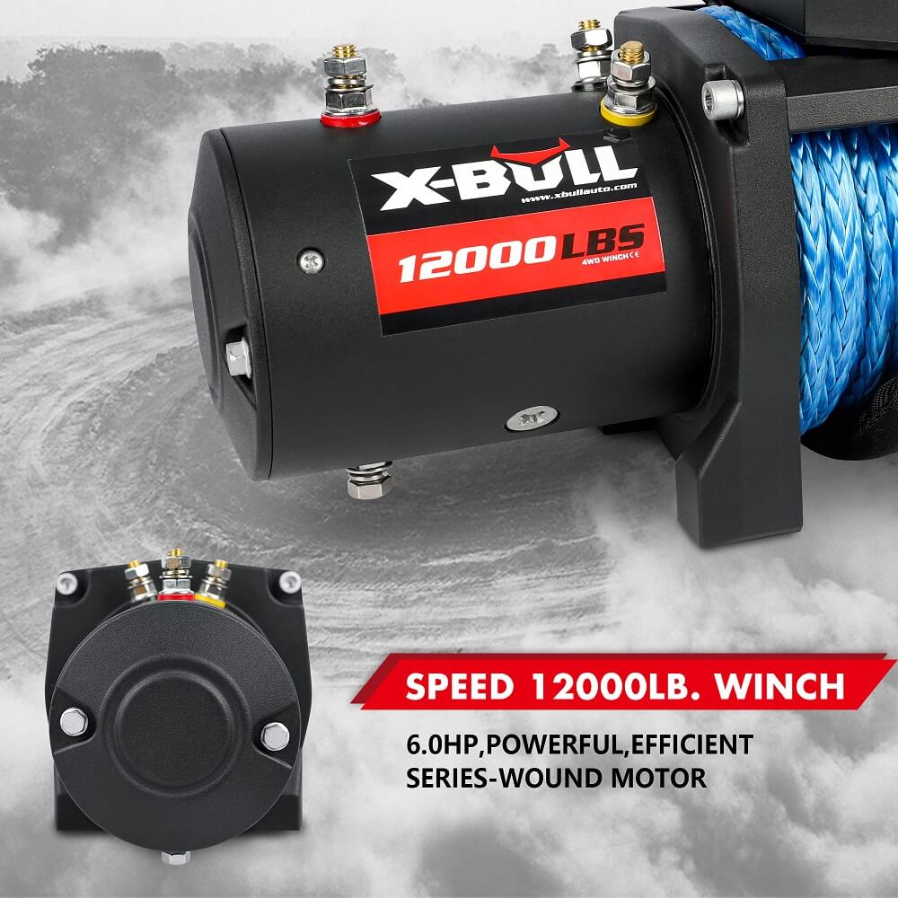 12V Electric Winch 12000LBS synthetic rope with 4PCS Recovery Tracks Gen3.0 Black