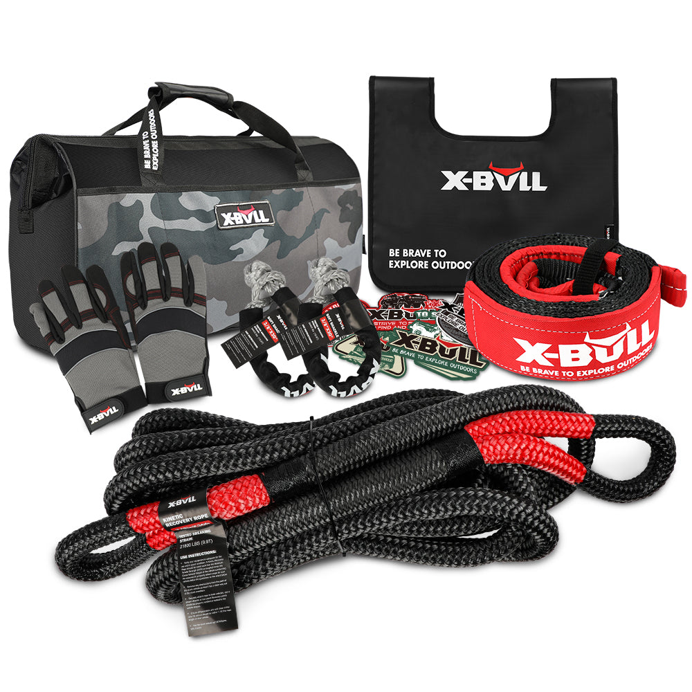 Recovery Rope kit Snatch Strap Soft Shackles Hitch receiver Kinetic Tire Deflator