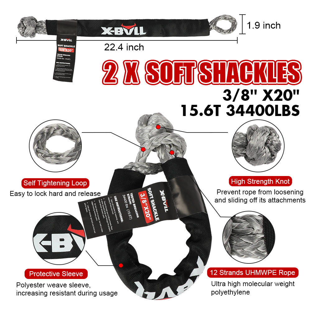 Recovery Rope kit Snatch Strap Soft Shackles Hitch receiver Kinetic Tire Deflator