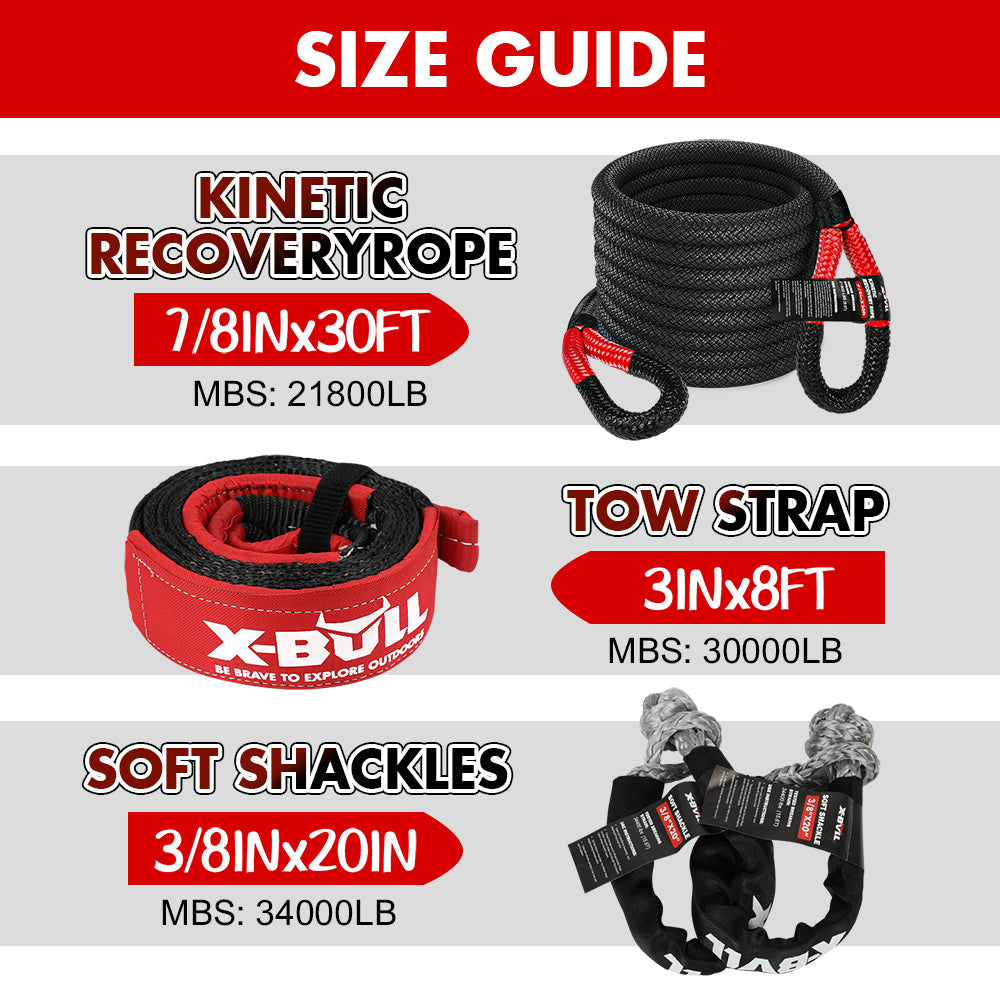 Recovery Rope kit Snatch Strap Soft Shackles Hitch receiver Kinetic Tire Deflator