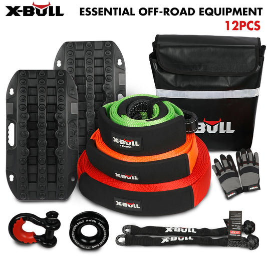 X-BULL 4WD Winch Recovery Kit 12PCS - Recovery Tracks, Snatch Strap, Soft Shackles, Recovery Ring
