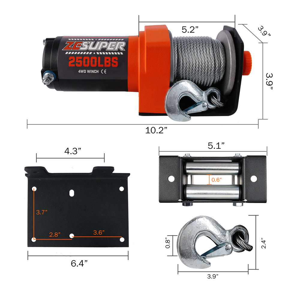 ZESUPER Electric Winch 2500LBS/1134KG 12V 15.2M Steel Cable ATV UTV 4WD 4X4 Boat