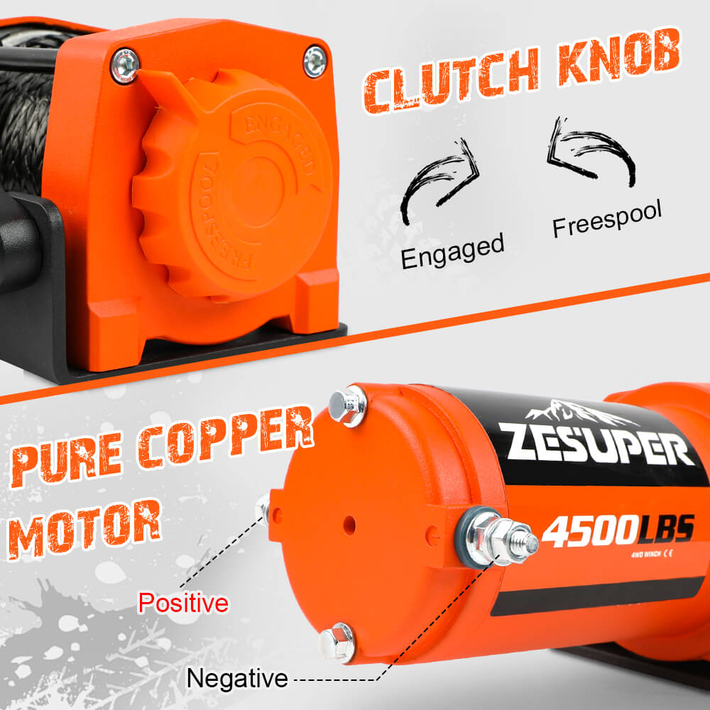 ZESUPER 12V Winch 4500lb Synthetic Rope Boat Winch ATV Trailer Winch 4WD