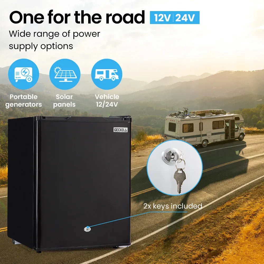 GECKO 70L Portable Bar Fridge and Freezer 12V/24V for Camping, Caravans, Black