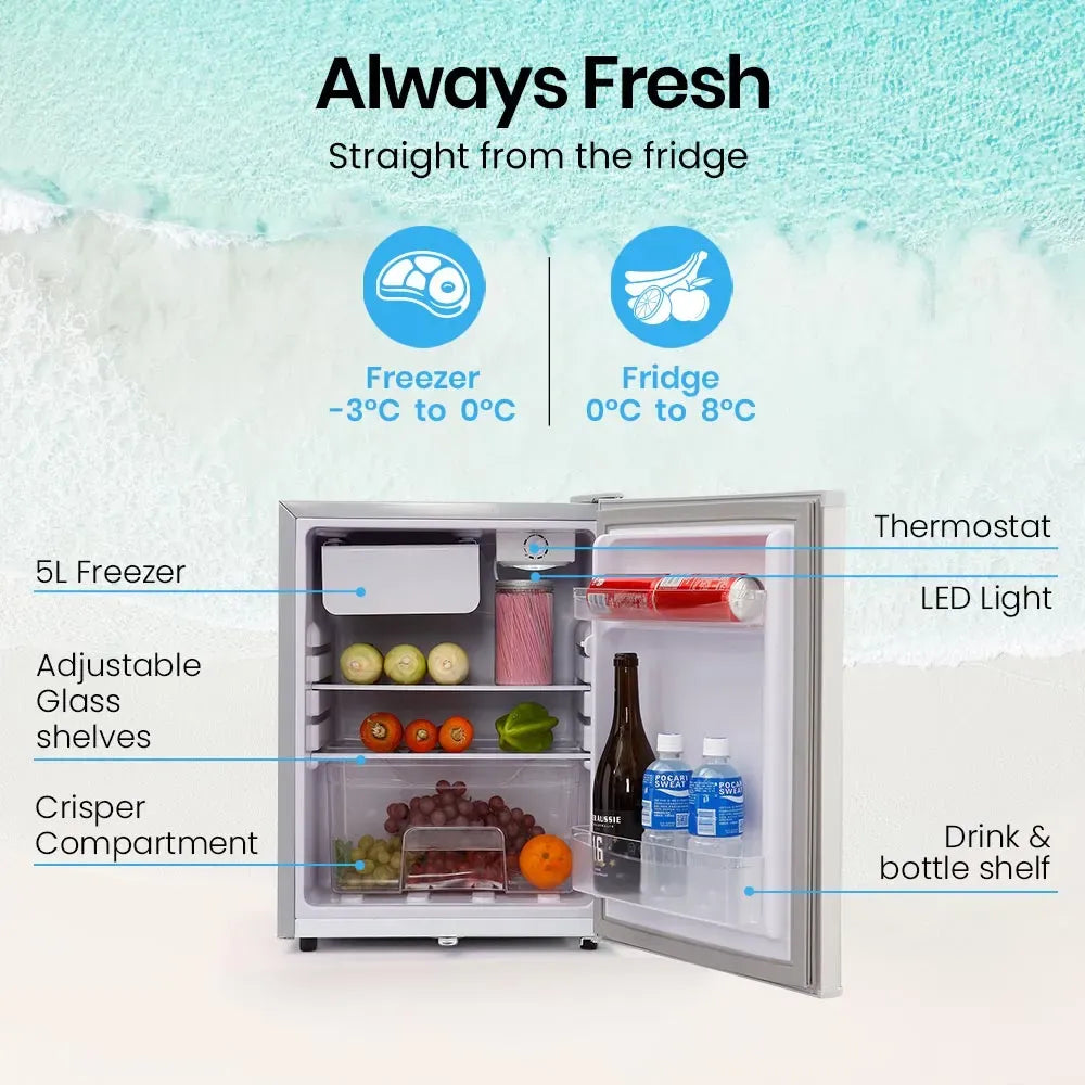GECKO 70L Portable Bar Fridge and Freezer 12V/24V for Camping, Caravans, Silver
