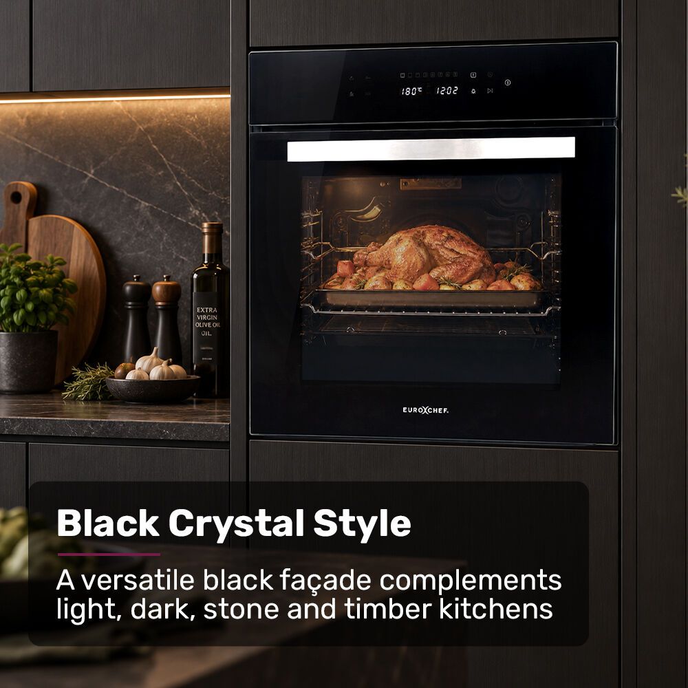 EUROCHEF 60cm 10 Function Built-In Electric Wall Oven, 80L Air Fryer Water Clean Fan Forced Pizza Grill Defrost 250C Black Triple-Glazed