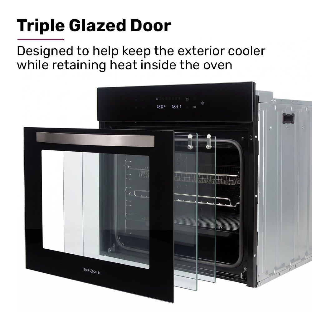 EUROCHEF 60cm 10 Function Built-In Electric Wall Oven, 80L Air Fryer Water Clean Fan Forced Pizza Grill Defrost 250C Black Triple-Glazed