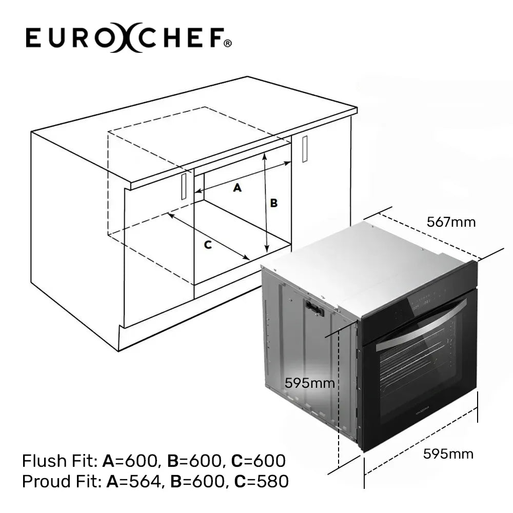EUROCHEF 60cm 10 Function Built-In Electric Wall Oven, 80L Air Fryer Water Clean Fan Forced Pizza Grill Defrost 250C Black Triple-Glazed
