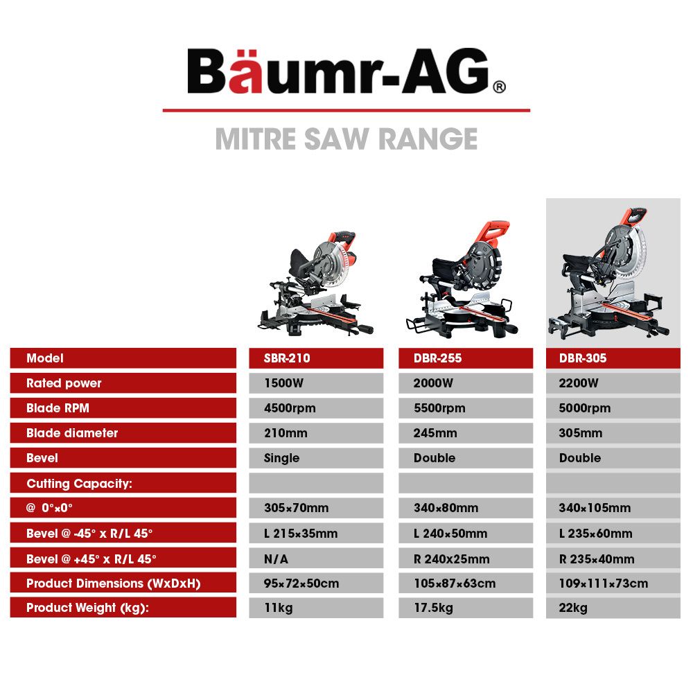 BAUMR-AG 305mm Dual Bevel Sliding Compound Mitre Drop Saw and Adjustable Stand Combo