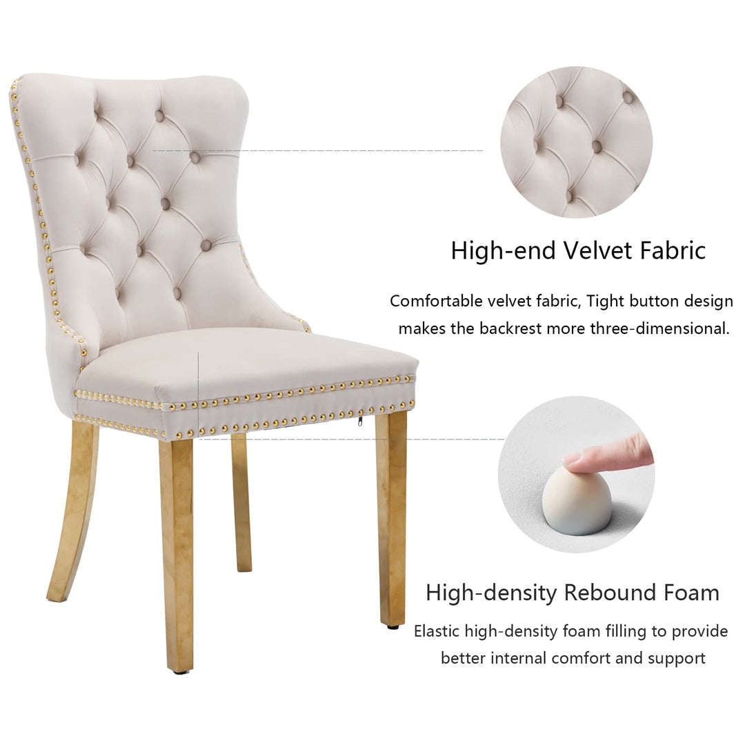 2x Velvet Dining Chairs with Golden Metal Legs-Beige