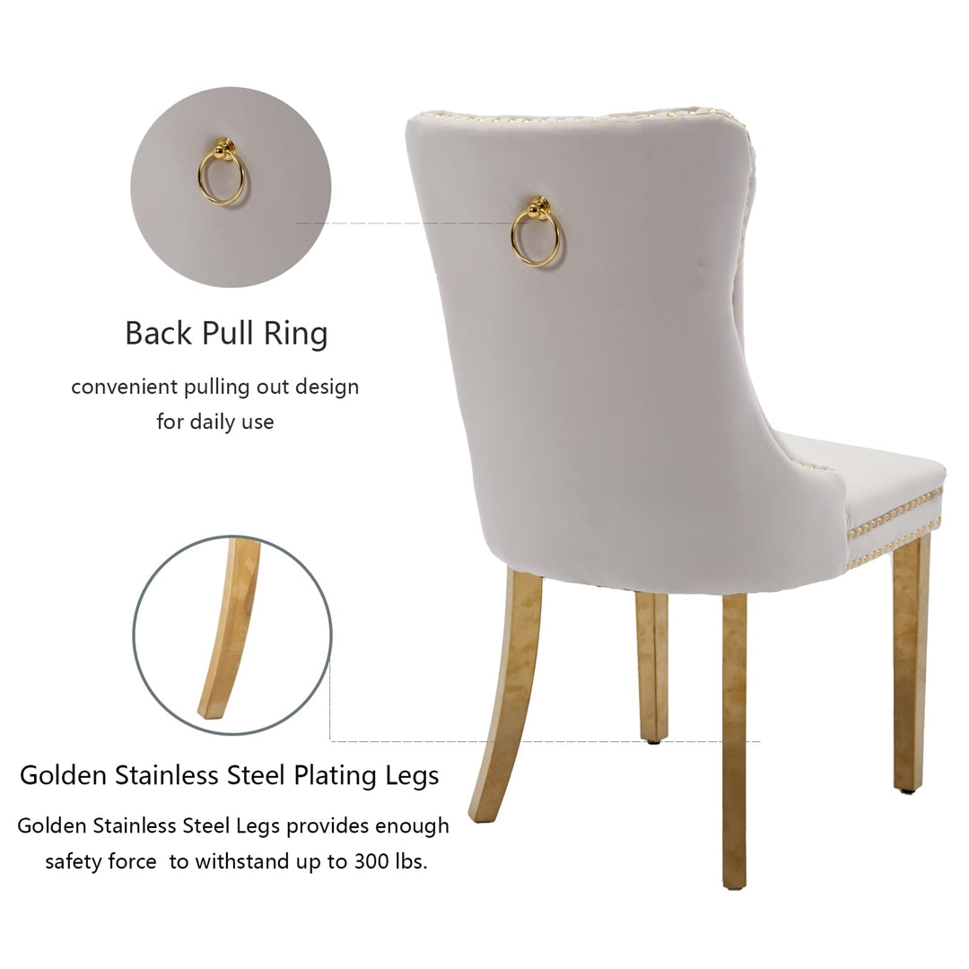 2x Velvet Dining Chairs with Golden Metal Legs-Beige