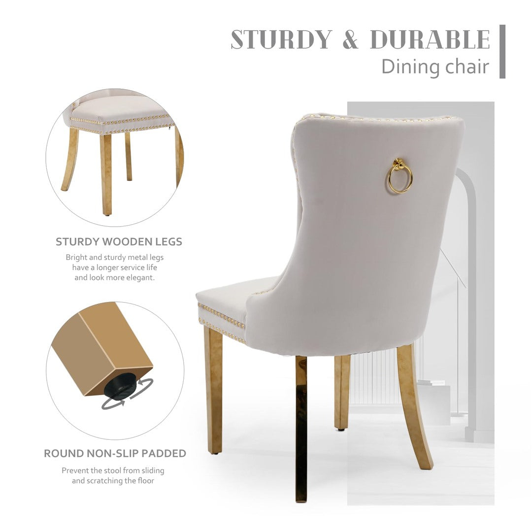 2x Velvet Dining Chairs with Golden Metal Legs-Beige