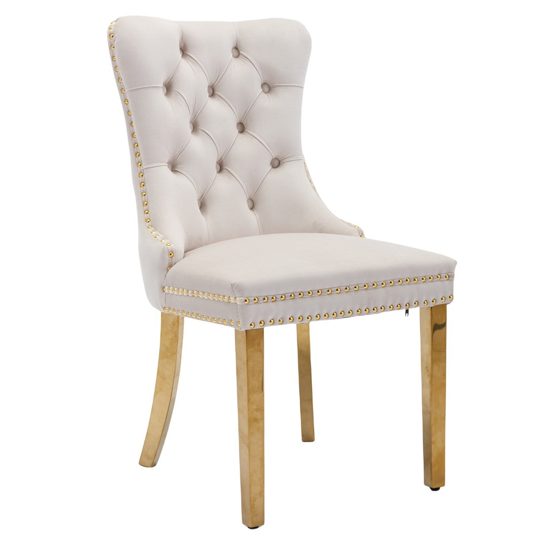 2x Velvet Dining Chairs with Golden Metal Legs-Beige