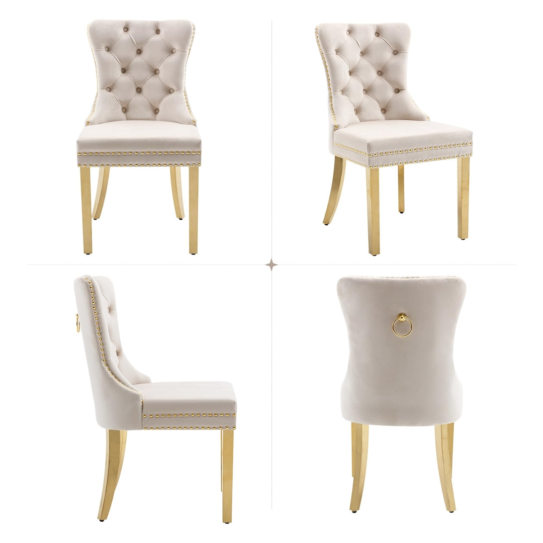 2x Velvet Dining Chairs with Golden Metal Legs-Beige