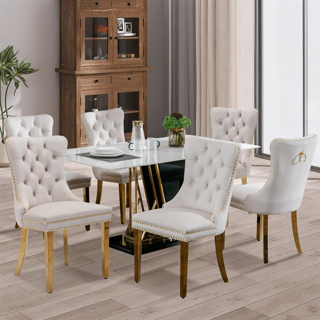 2x Velvet Dining Chairs with Golden Metal Legs-Beige