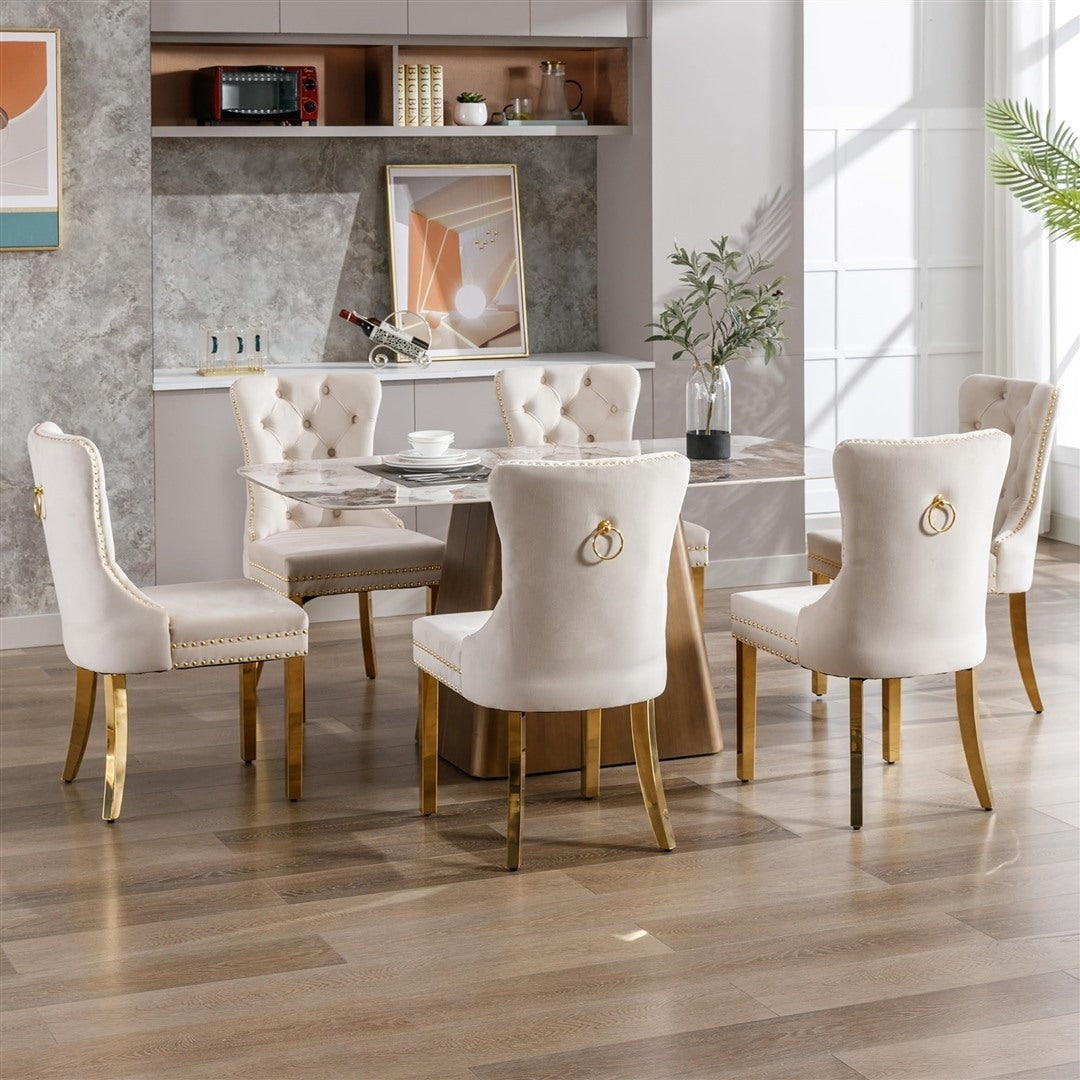 4x Velvet Dining Chairs with Golden Metal Legs-Beige