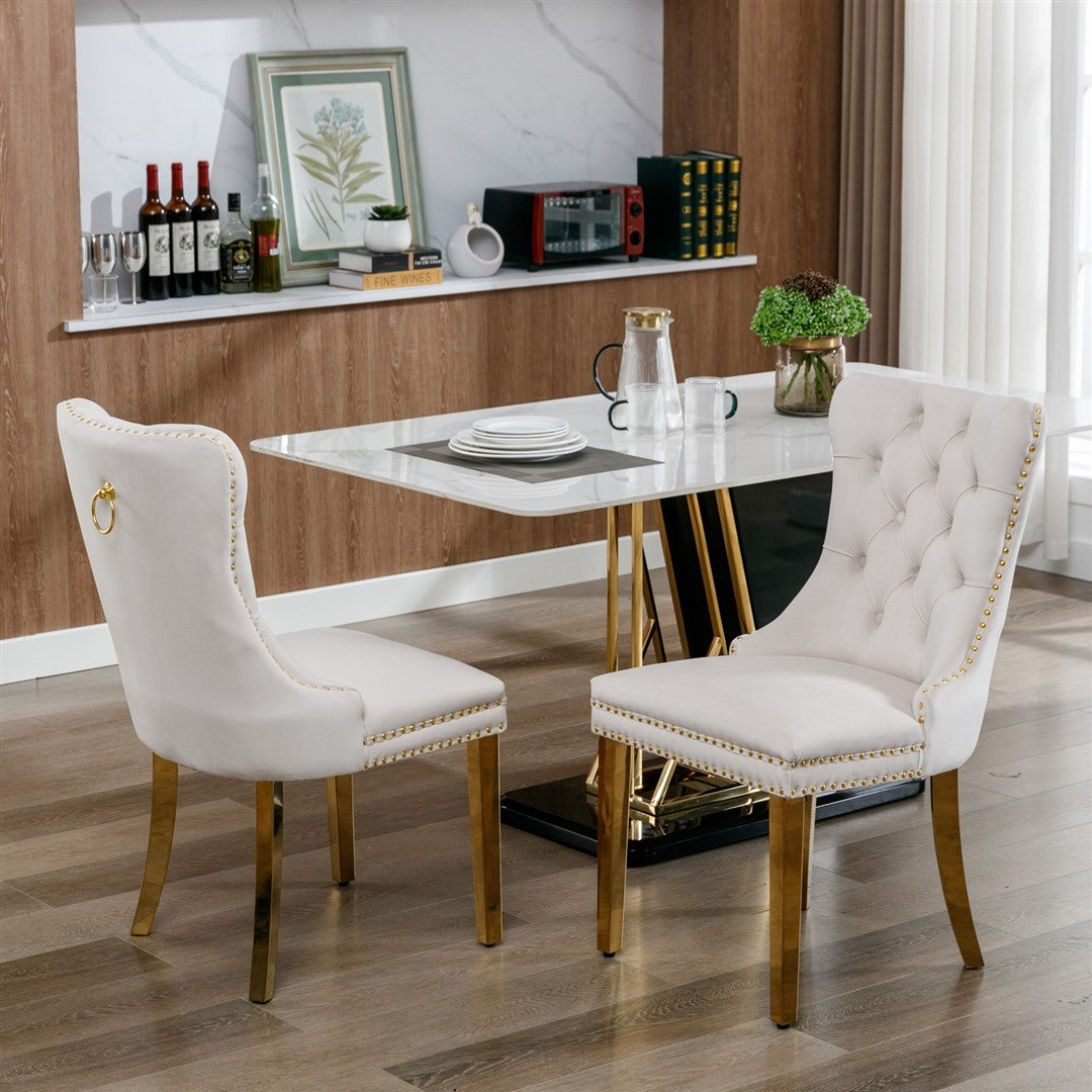 4x Velvet Dining Chairs with Golden Metal Legs-Beige