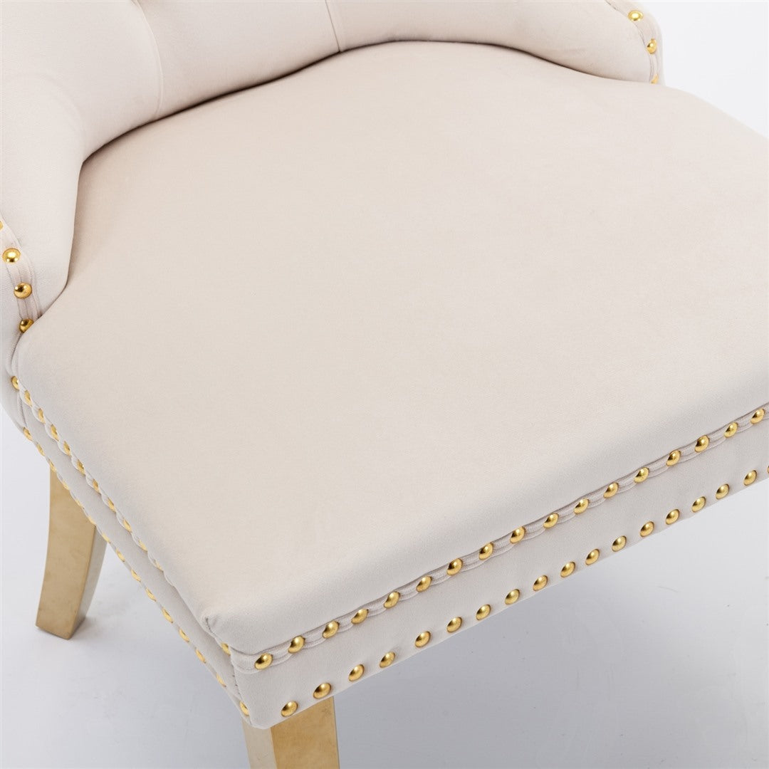 4x Velvet Dining Chairs with Golden Metal Legs-Beige