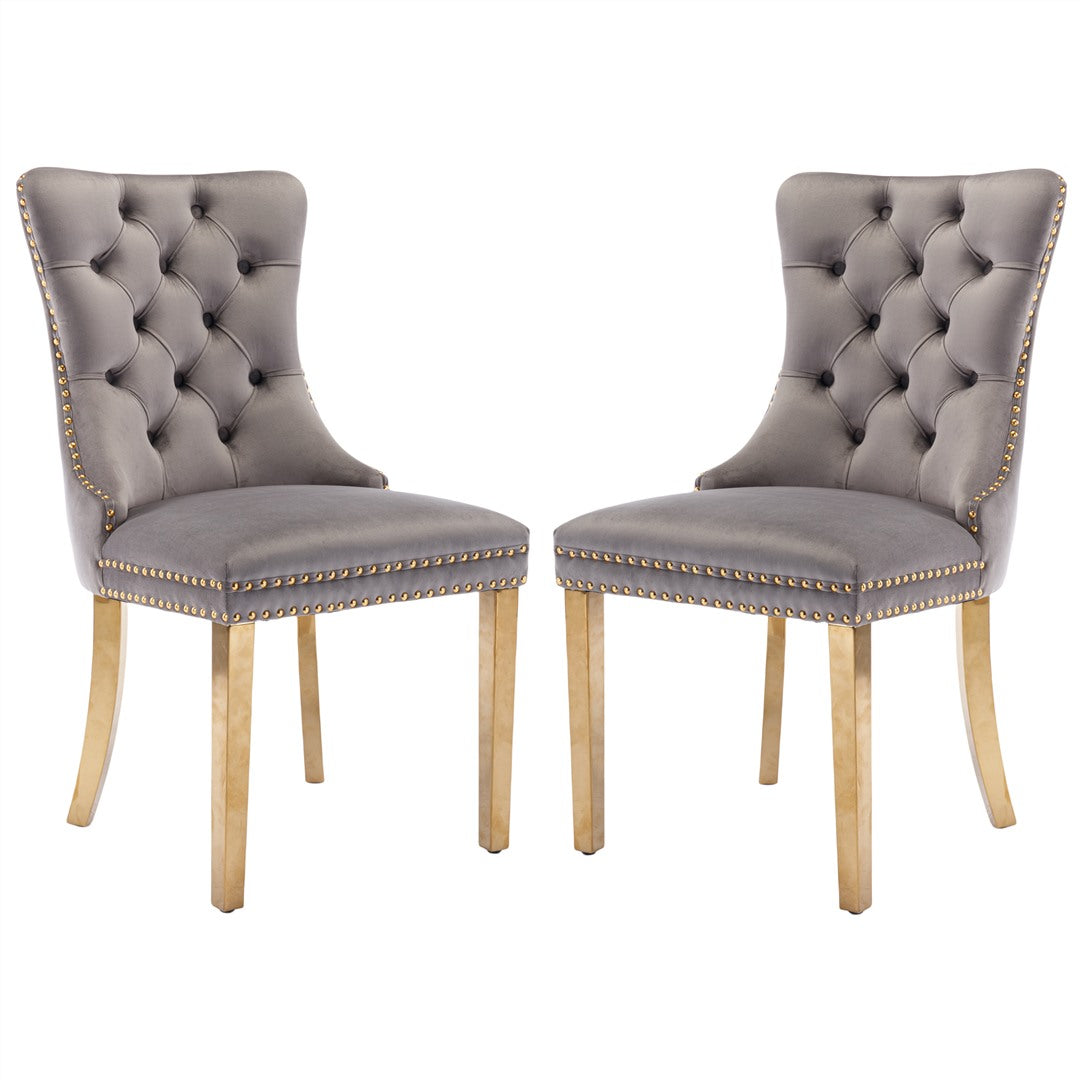 AADEN 2x Velvet Dining Chairs with Golden Metal Legs-Grey