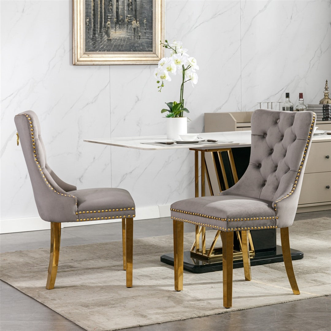 2x Velvet Dining Chairs with Golden Metal Legs-Grey