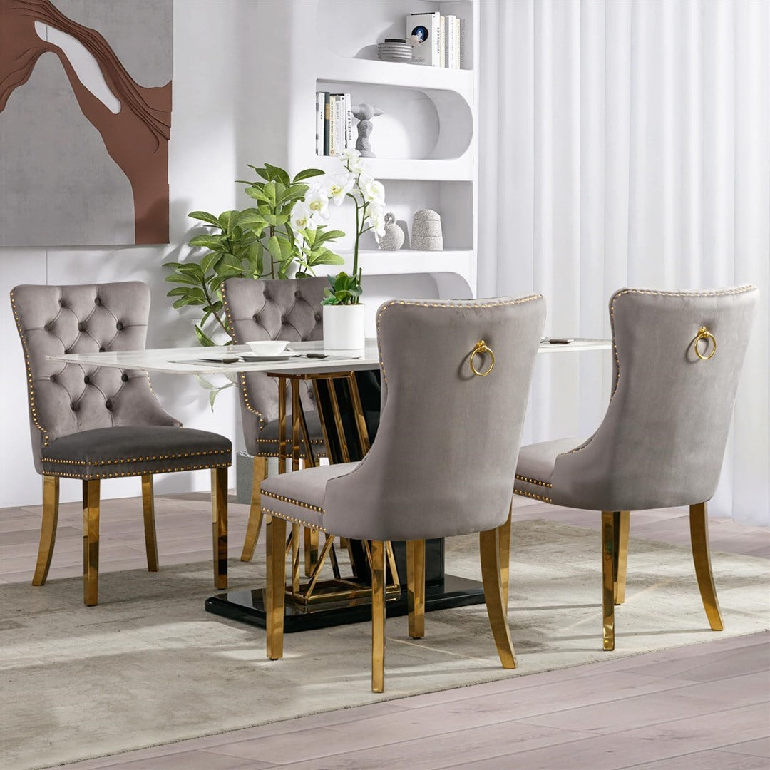 4x Velvet Dining Chairs with Golden Metal Legs-Grey