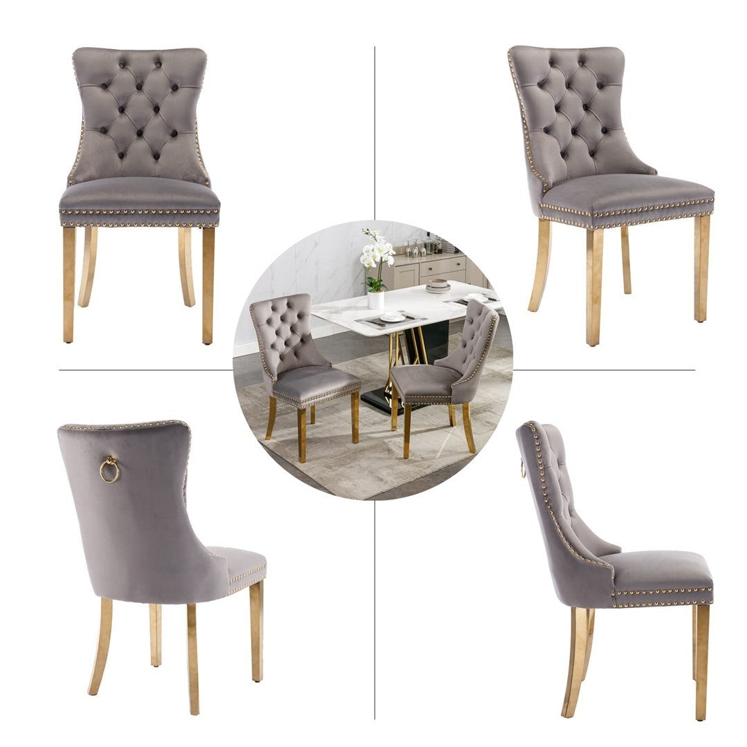 4x Velvet Dining Chairs with Golden Metal Legs-Grey