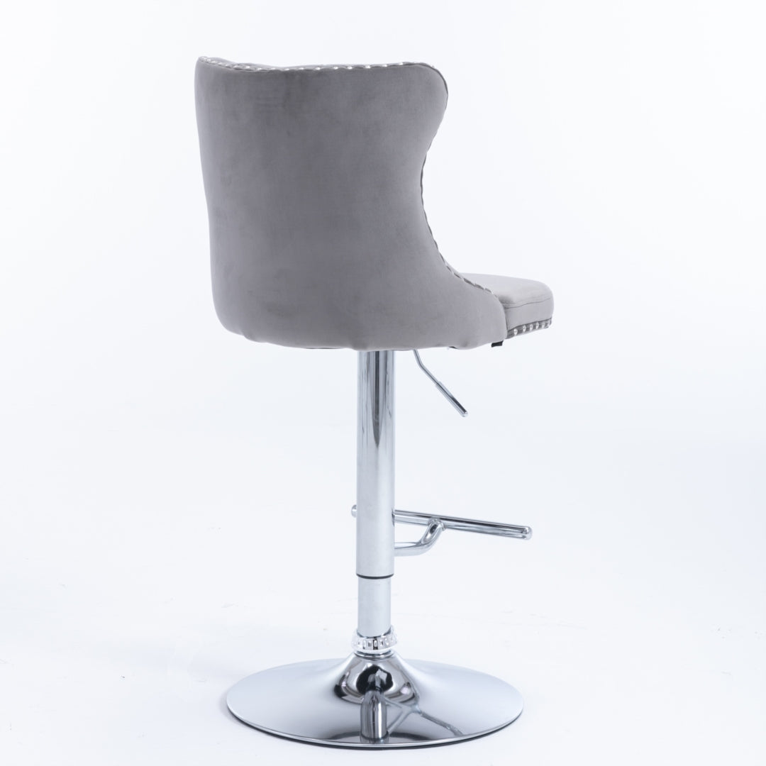 2x Height Adjustable Swivel Bar Stool Velvet Stud Barstool with Footrest and Chromed Base- Gray