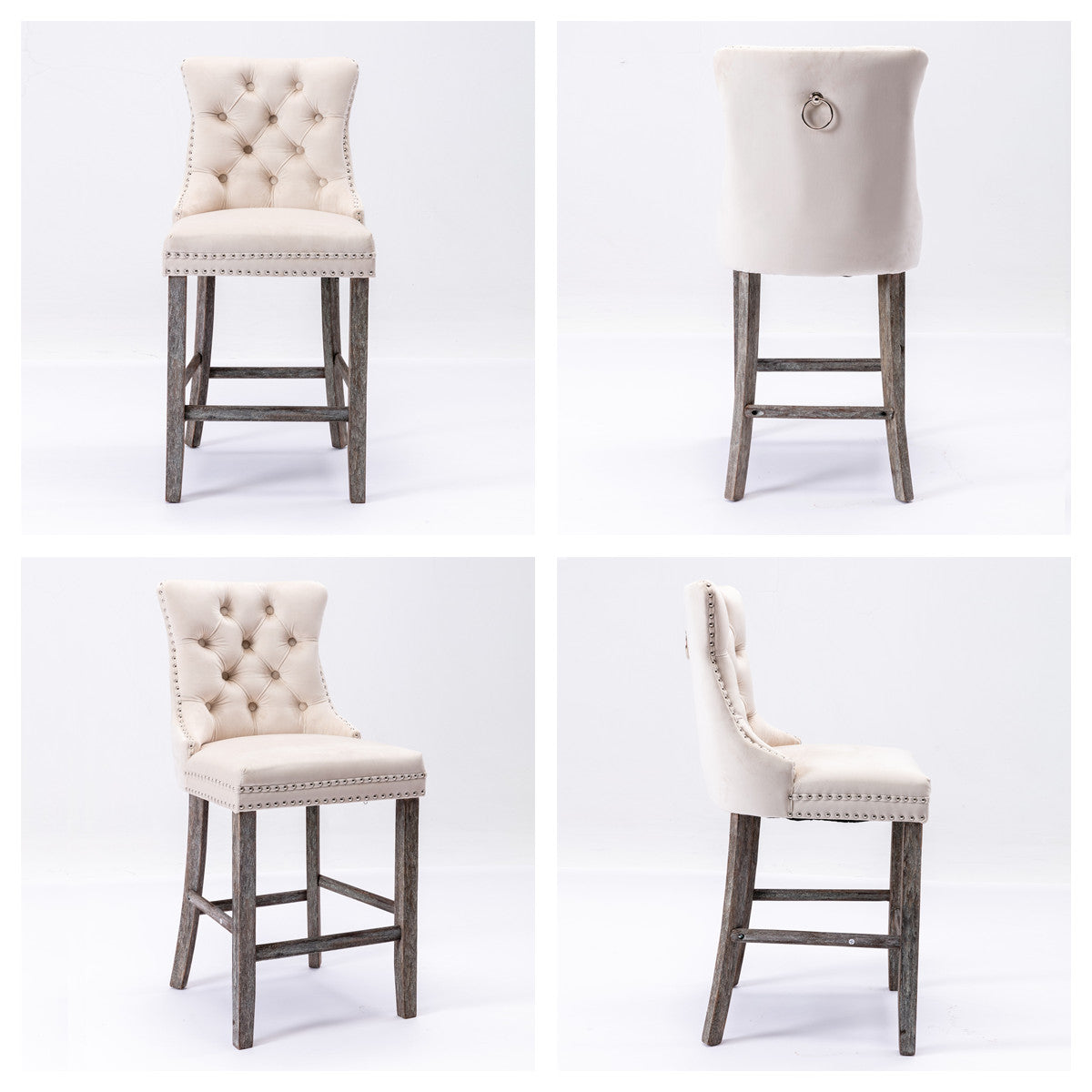 Bar Stools 4x Velvet Upholstered Tufted Dining Chairs Studs Trim Wooden Legs Kitchen