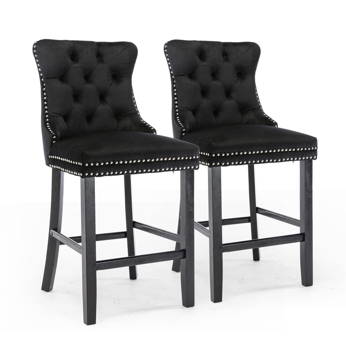 Bar Stools 4x Velvet Upholstered Tufted Dining Chairs Studs Trim Wooden Legs Kitchen