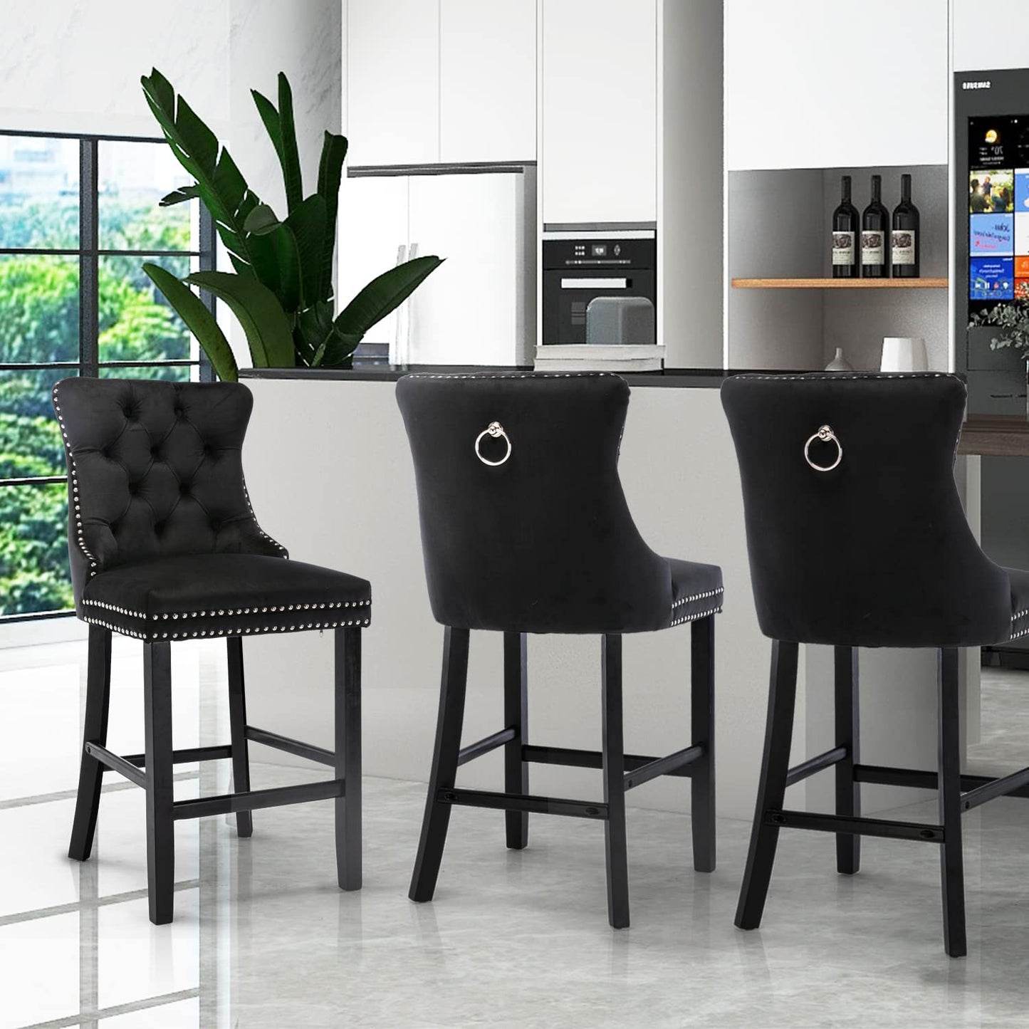 Bar Stools 4x Velvet Upholstered Tufted Dining Chairs Studs Trim Wooden Legs Kitchen