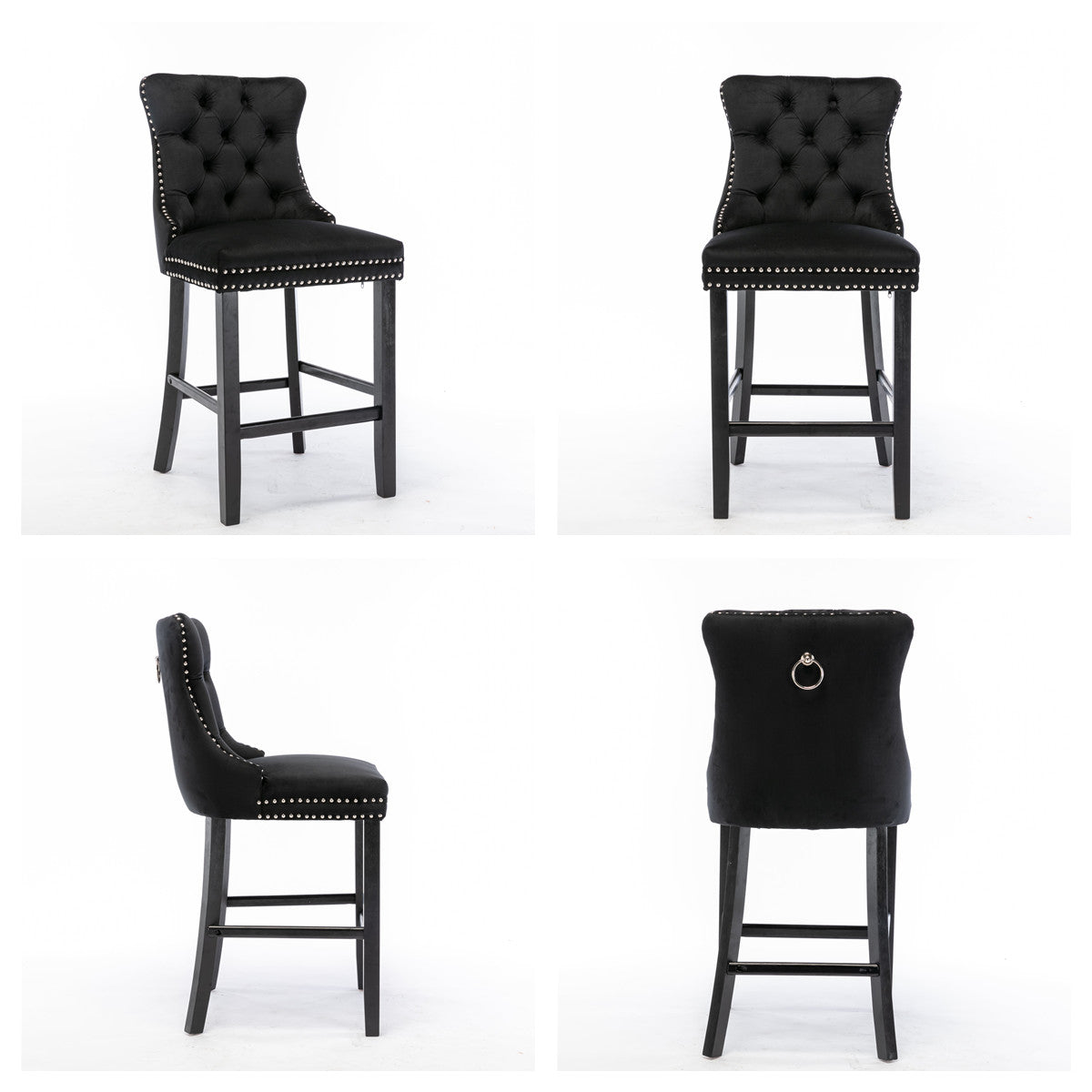 4X Velvet Bar Stools with Studs Trim Wooden Legs Tufted Dining Chairs Kitchen