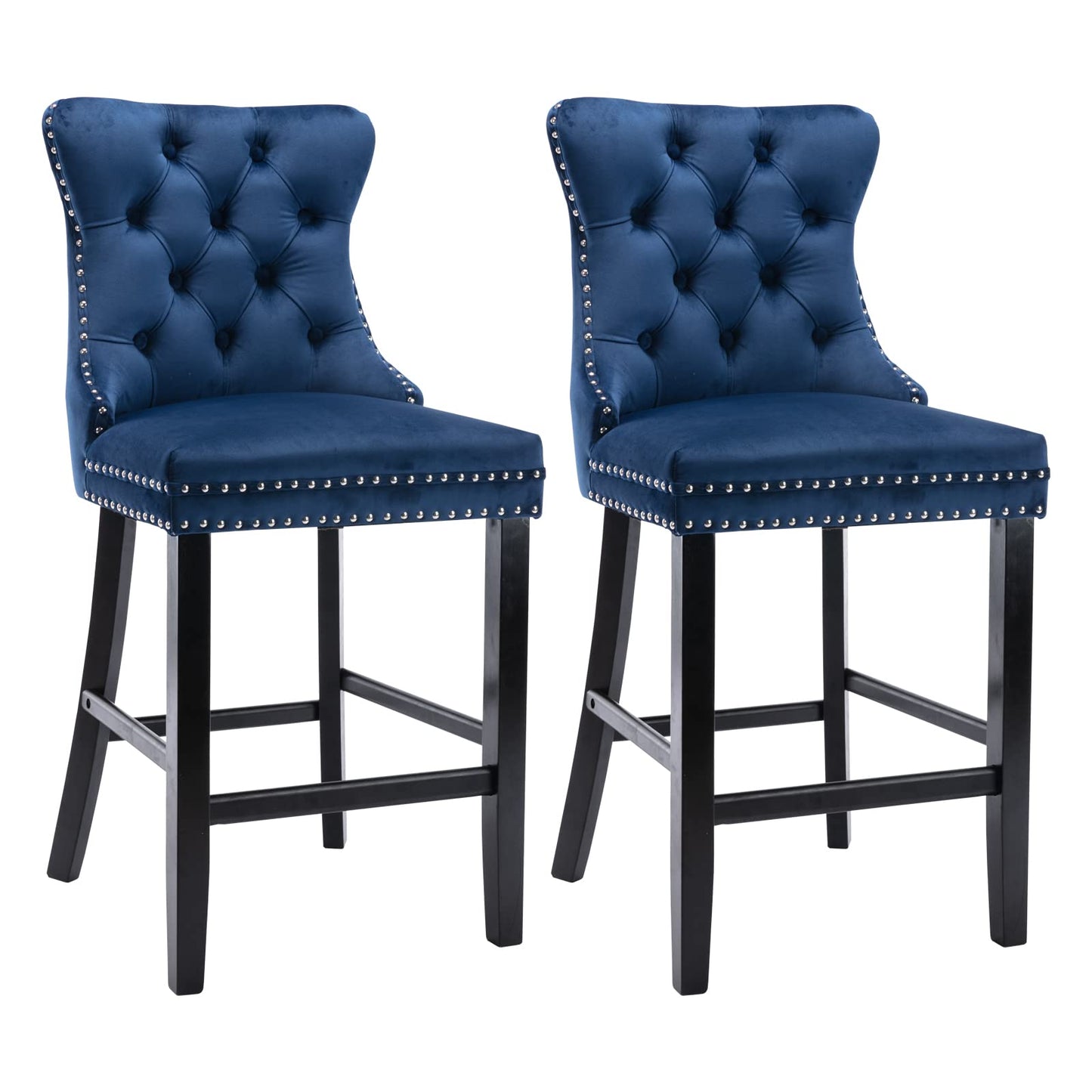 4X Velvet Bar Stools with Studs Trim Wooden Legs Tufted Dining Chairs Kitchen