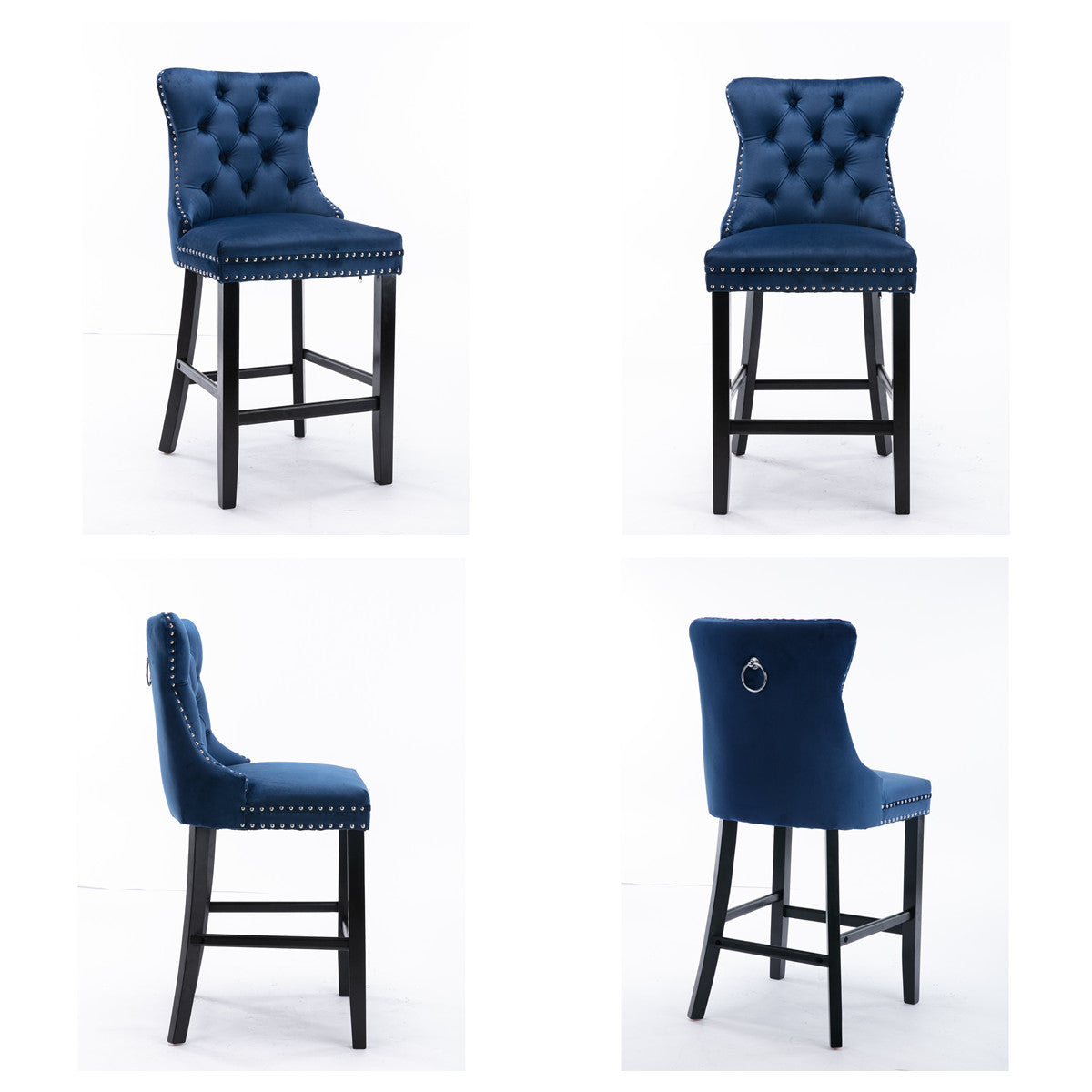 4X Velvet Bar Stools with Studs Trim Wooden Legs Tufted Dining Chairs Kitchen