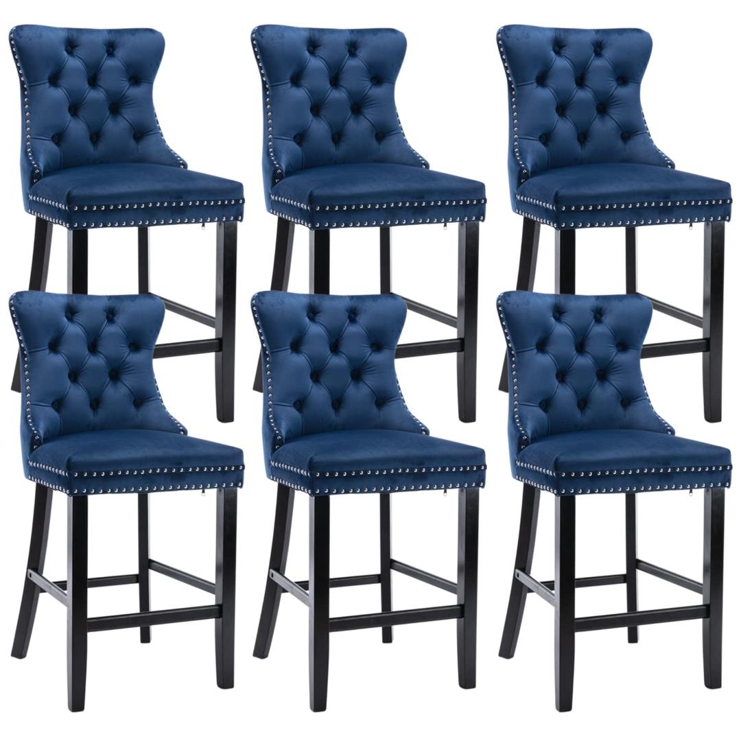 6X Velvet Bar Stools with Studs Trim Wooden Legs Tufted Dining Chairs Kitchen