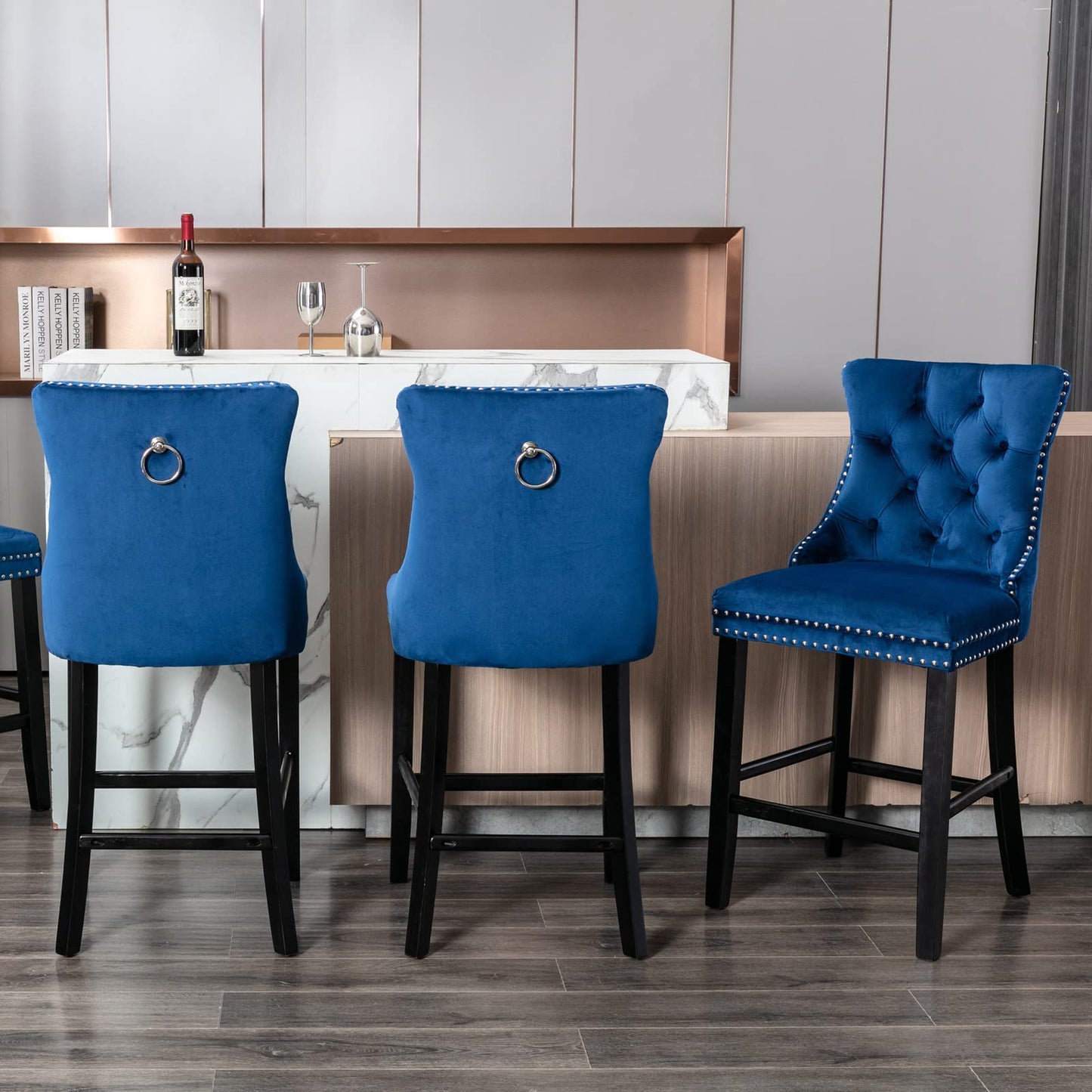 6X Velvet Bar Stools with Studs Trim Wooden Legs Tufted Dining Chairs Kitchen