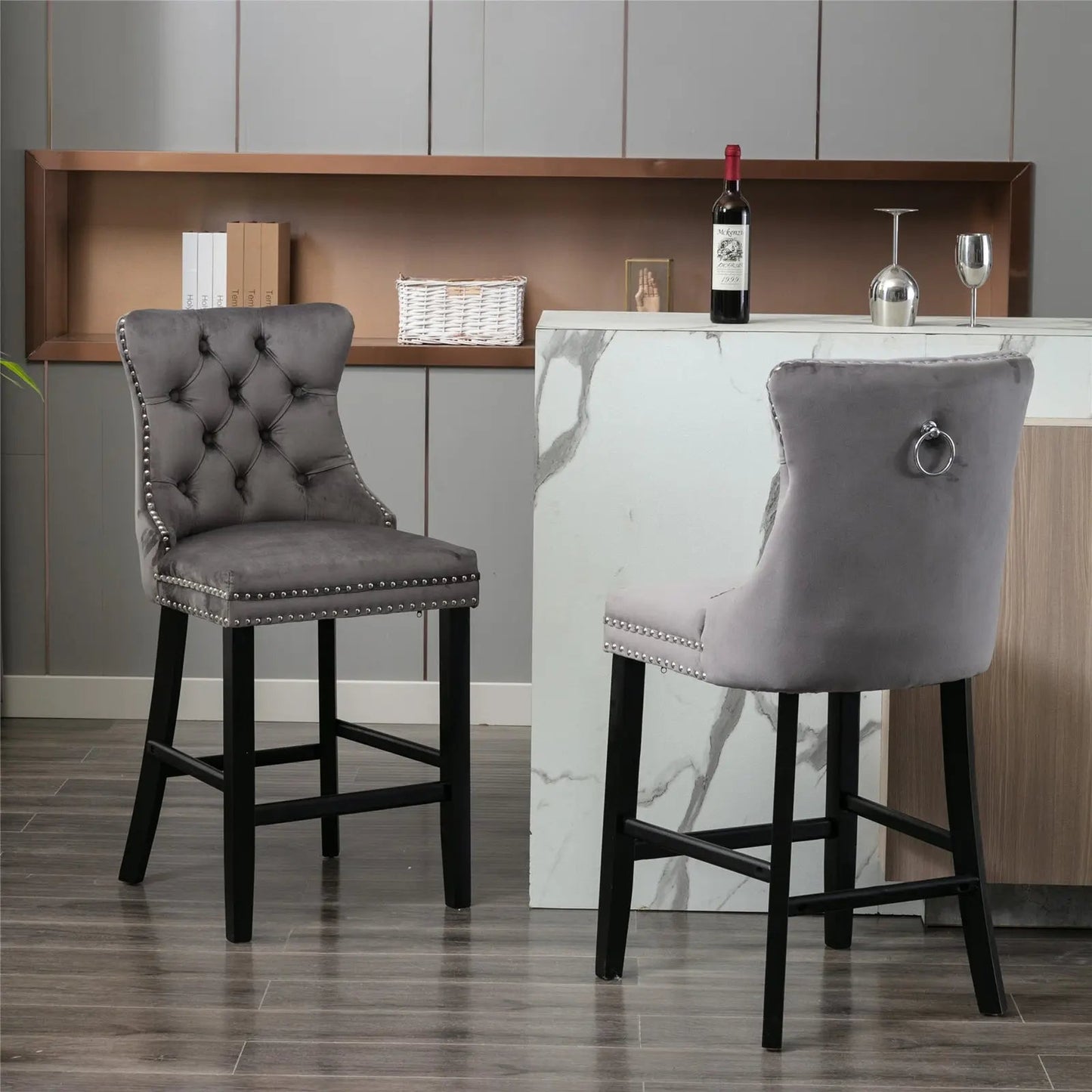 Bar Stools 4x Velvet Upholstered Tufted Dining Chairs Studs Trim Wooden Legs Kitchen