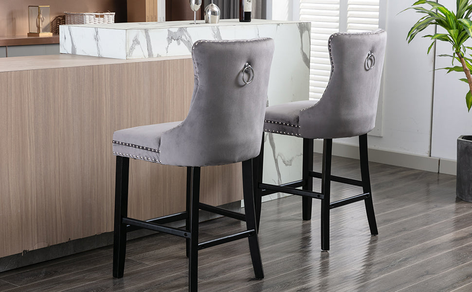 Bar Stools 4x Velvet Upholstered Tufted Dining Chairs Studs Trim Wooden Legs Kitchen