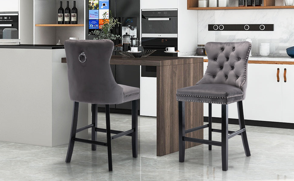 Bar Stools 4x Velvet Upholstered Tufted Dining Chairs Studs Trim Wooden Legs Kitchen