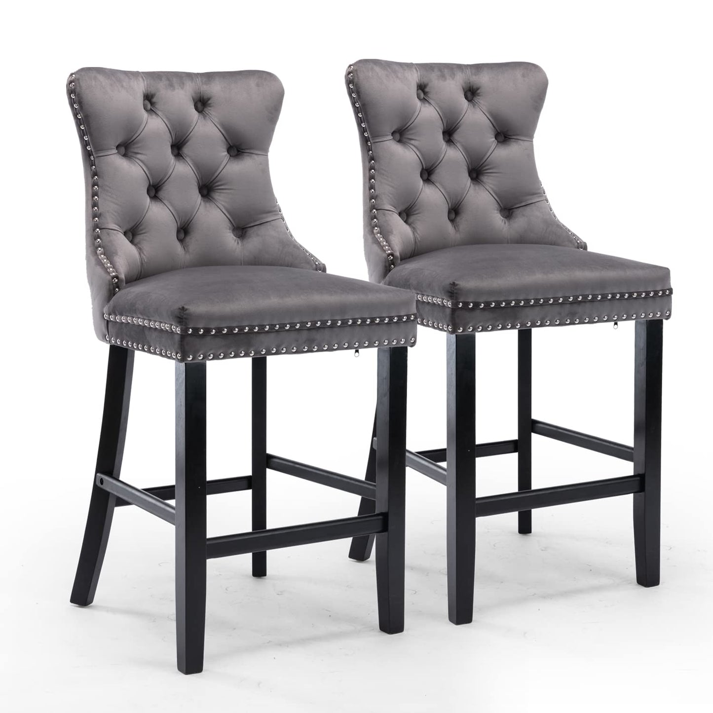 Bar Stools 4x Velvet Upholstered Tufted Dining Chairs Studs Trim Wooden Legs Kitchen