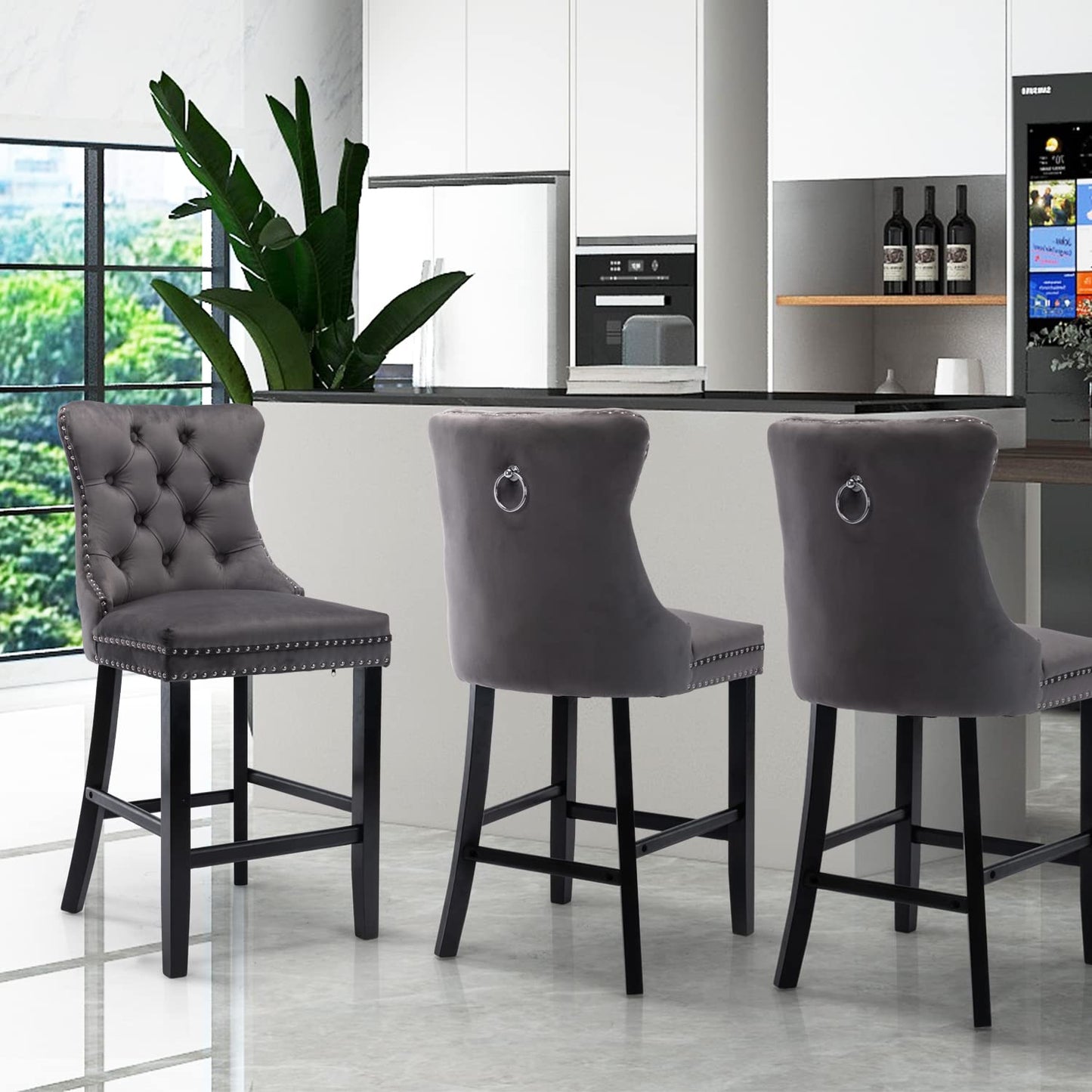 Bar Stools 4x Velvet Upholstered Tufted Dining Chairs Studs Trim Wooden Legs Kitchen