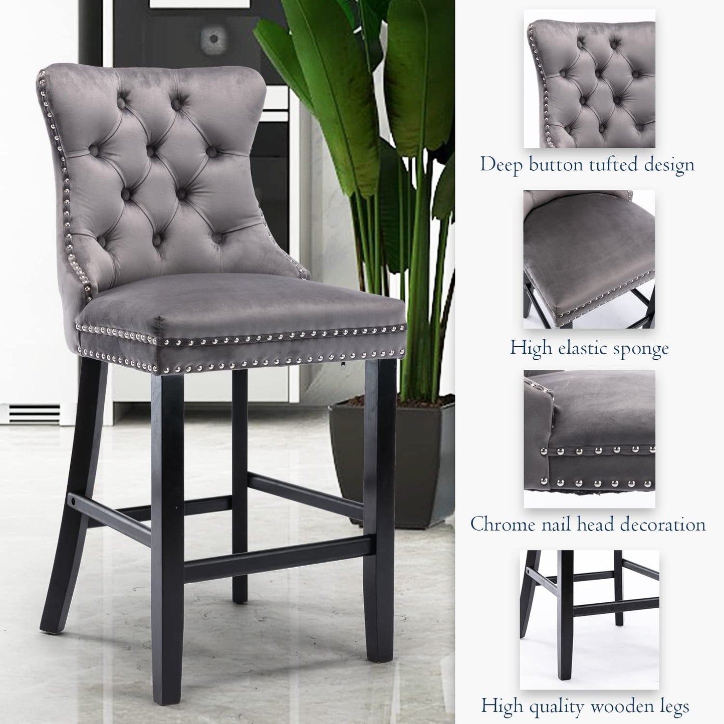 Bar Stools 4x Velvet Upholstered Tufted Dining Chairs Studs Trim Wooden Legs Kitchen