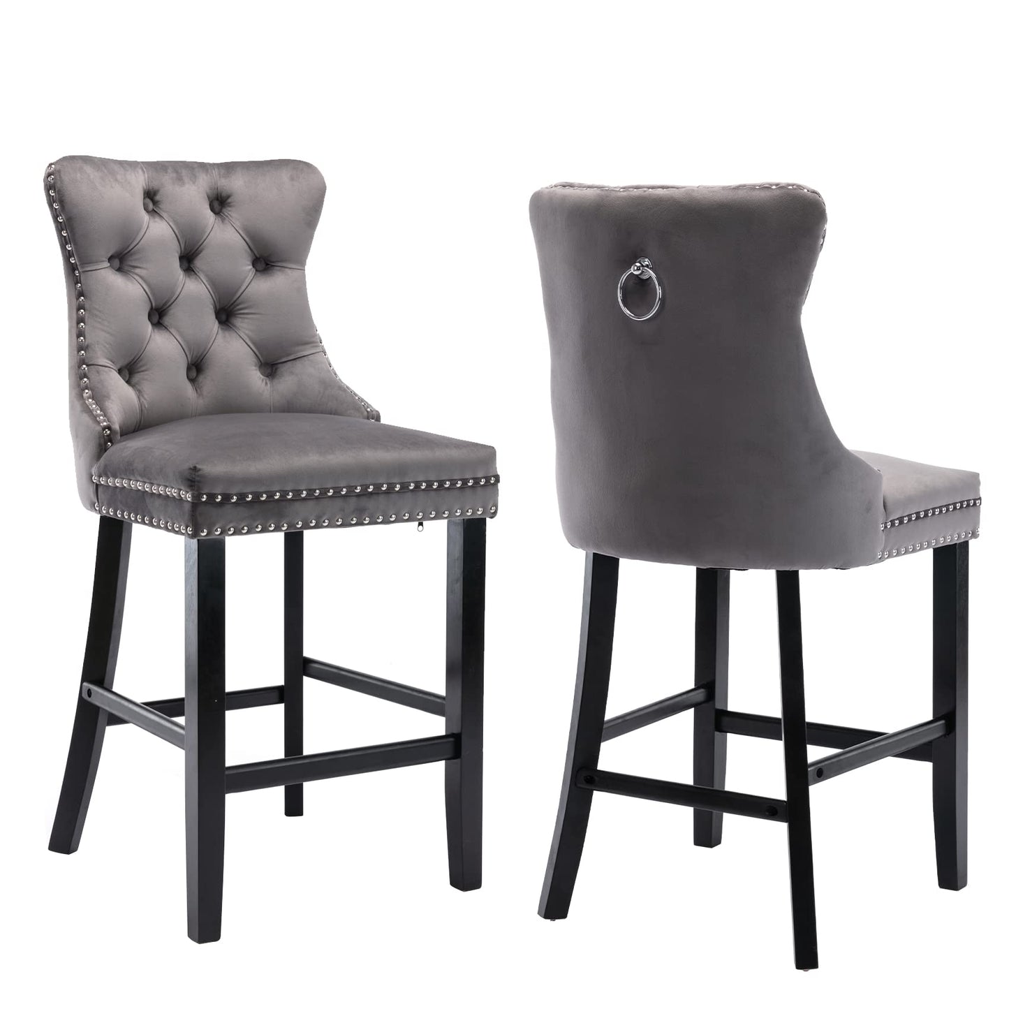 Bar Stools 4x Velvet Upholstered Tufted Dining Chairs Studs Trim Wooden Legs Kitchen