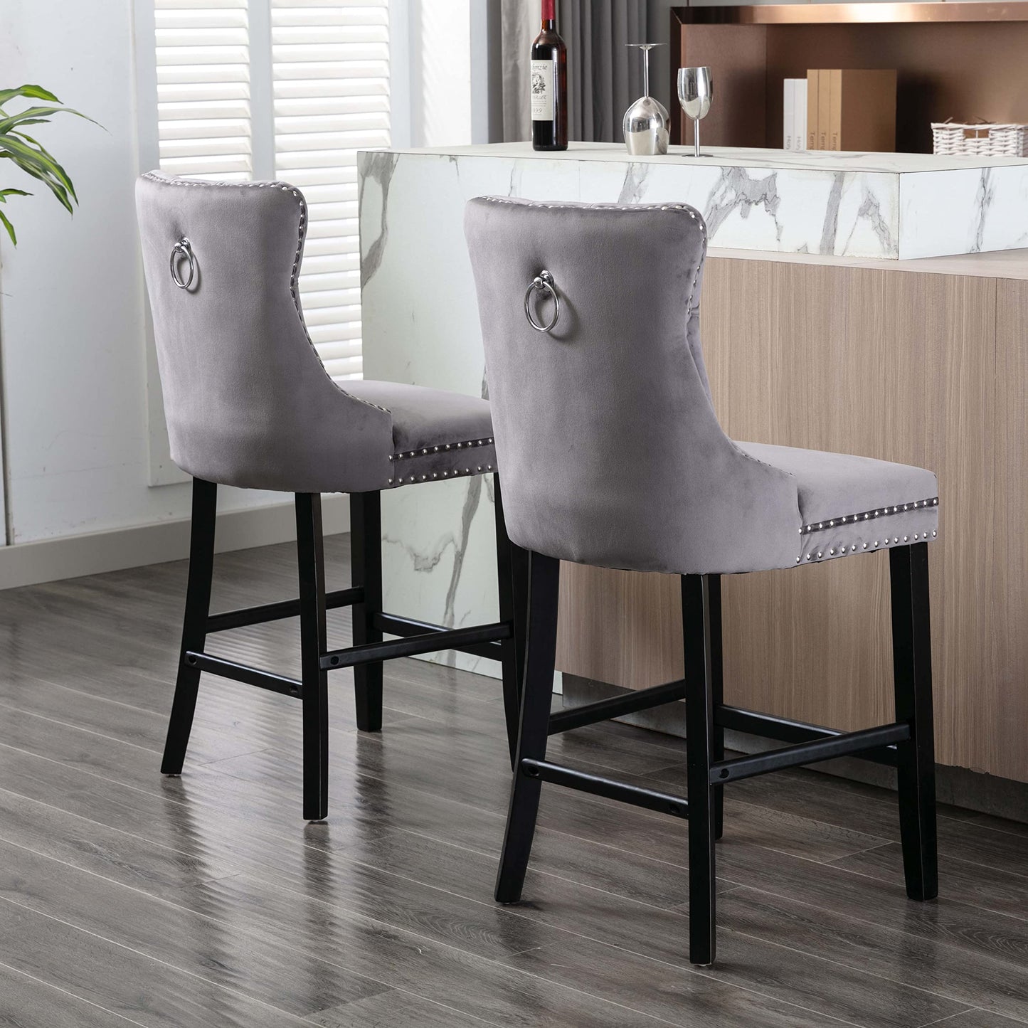 Bar Stools 4x Velvet Upholstered Tufted Dining Chairs Studs Trim Wooden Legs Kitchen