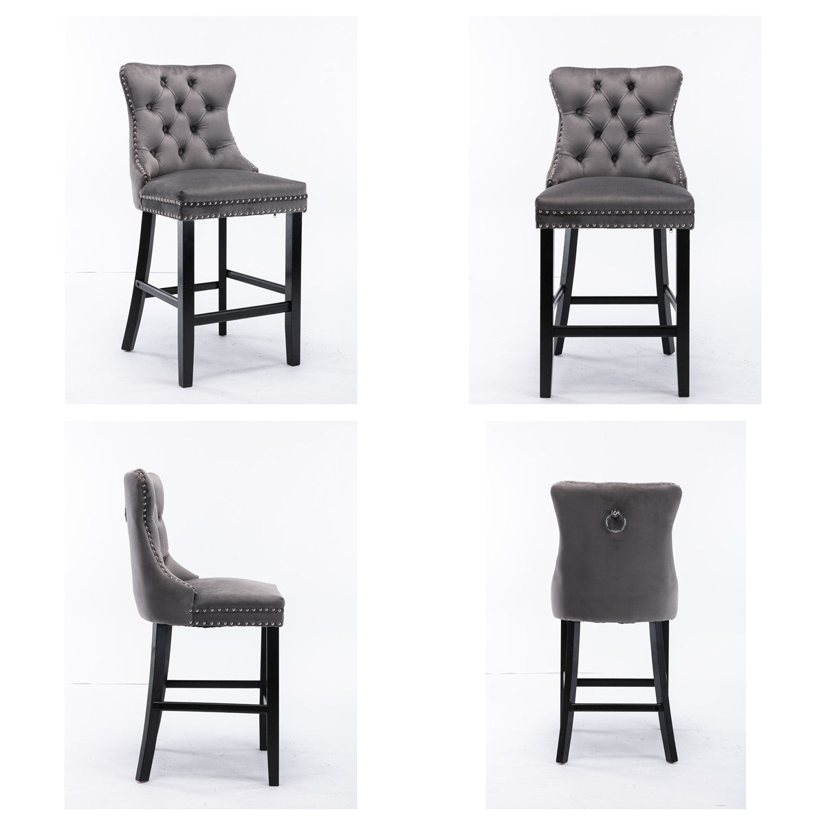 Bar Stools 4x Velvet Upholstered Tufted Dining Chairs Studs Trim Wooden Legs Kitchen