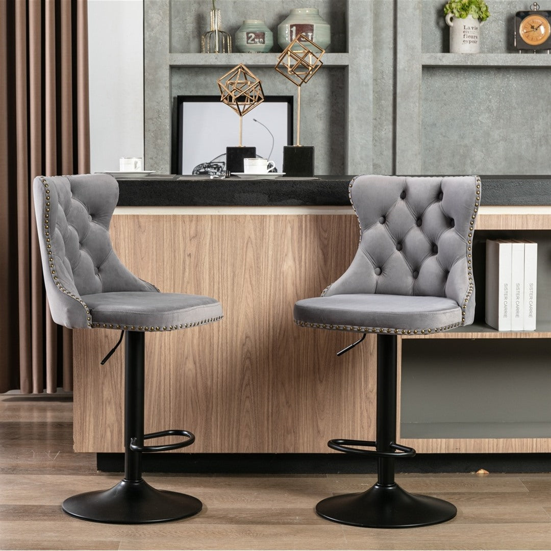 Bar Stool 4x Height Adjustable Swivel Velvet Nailhead with Footrest