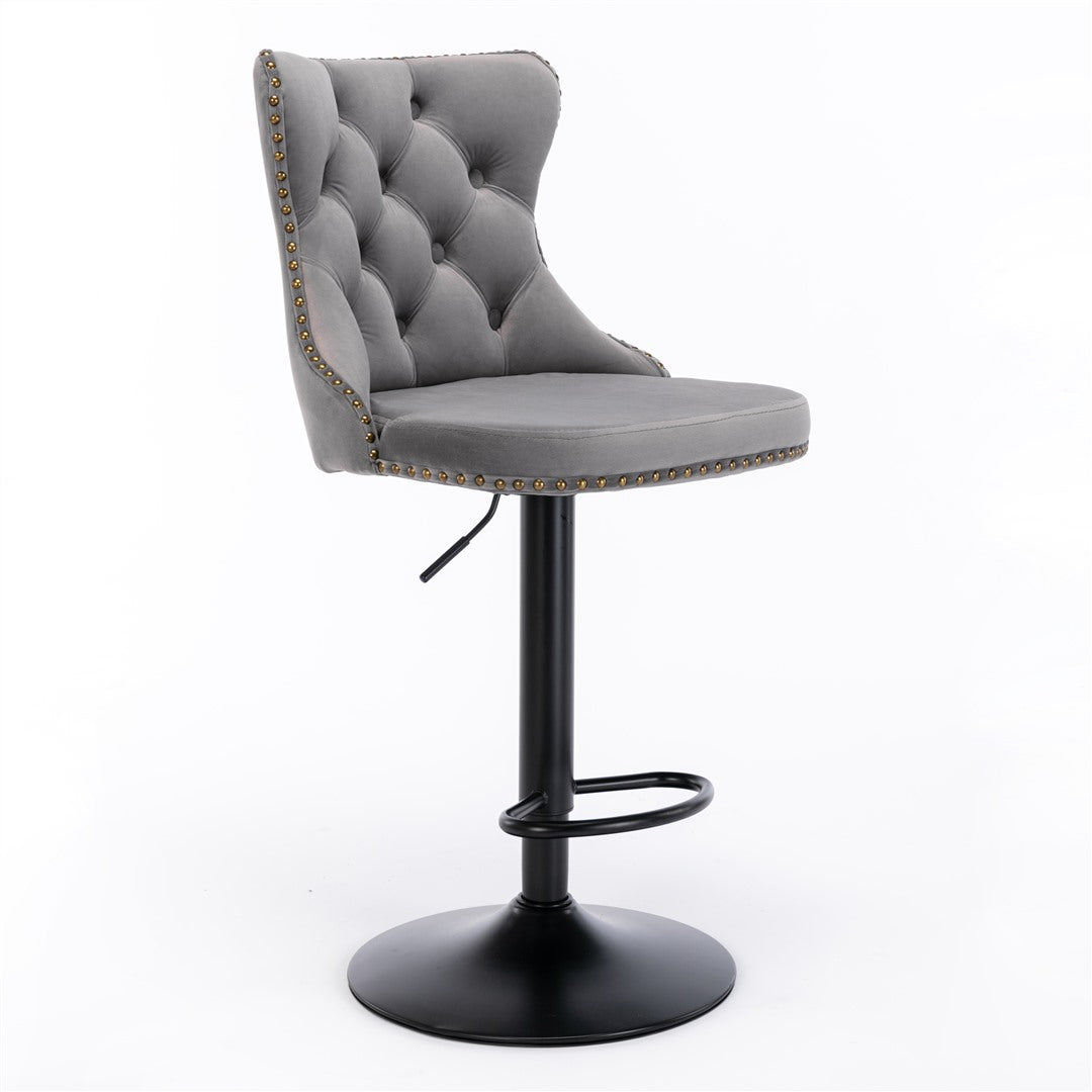 Bar Stool 4x Height Adjustable Swivel Velvet Nailhead with Footrest