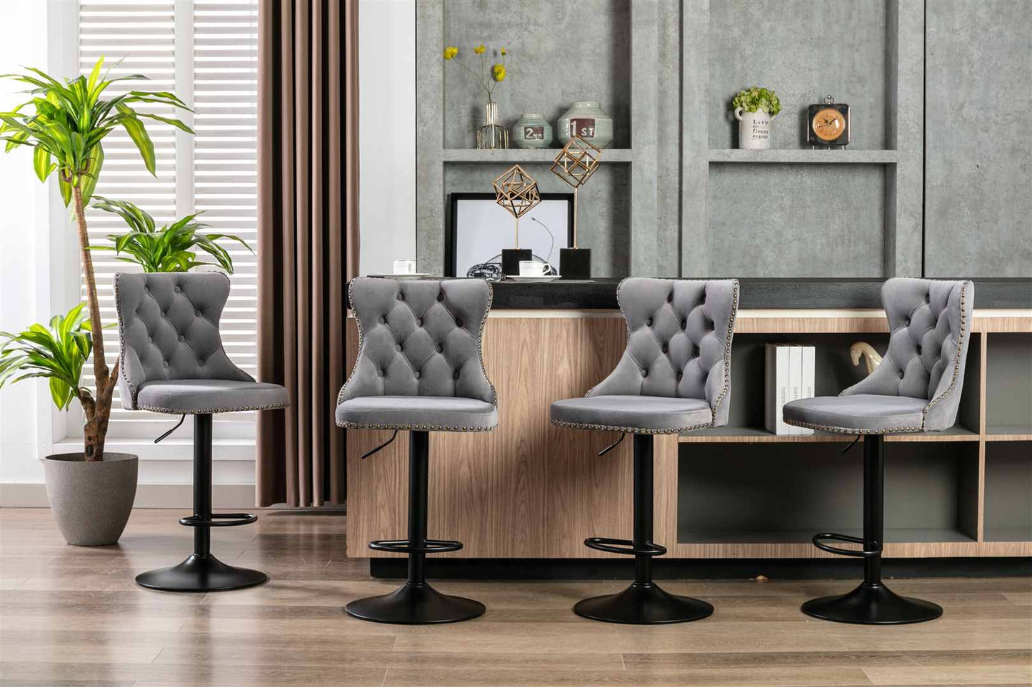 Bar Stool 4x Height Adjustable Swivel Velvet Nailhead with Footrest