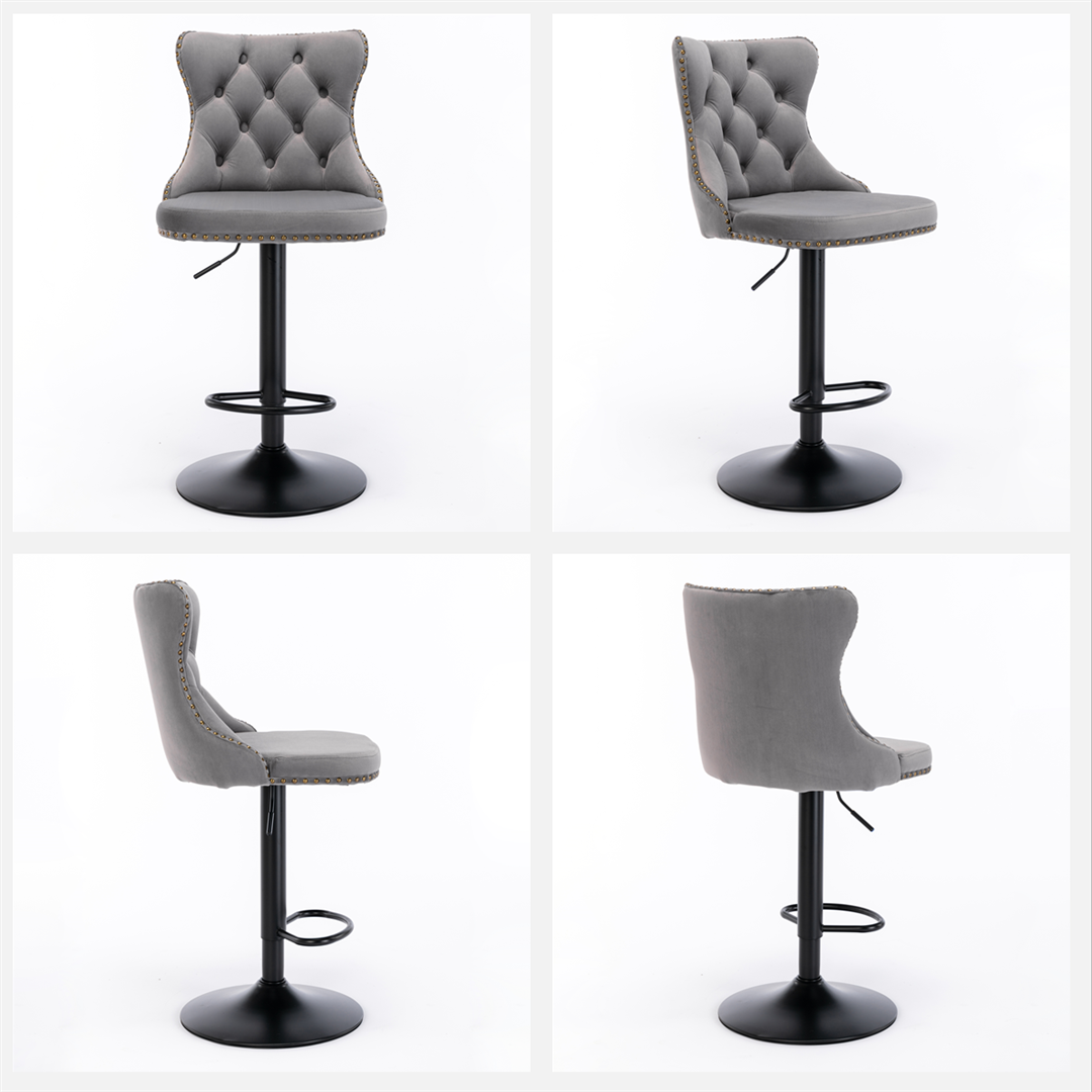 4x Height Adjustable Swivel Bar Stool Velvet Nailhead Barstool with Footrest