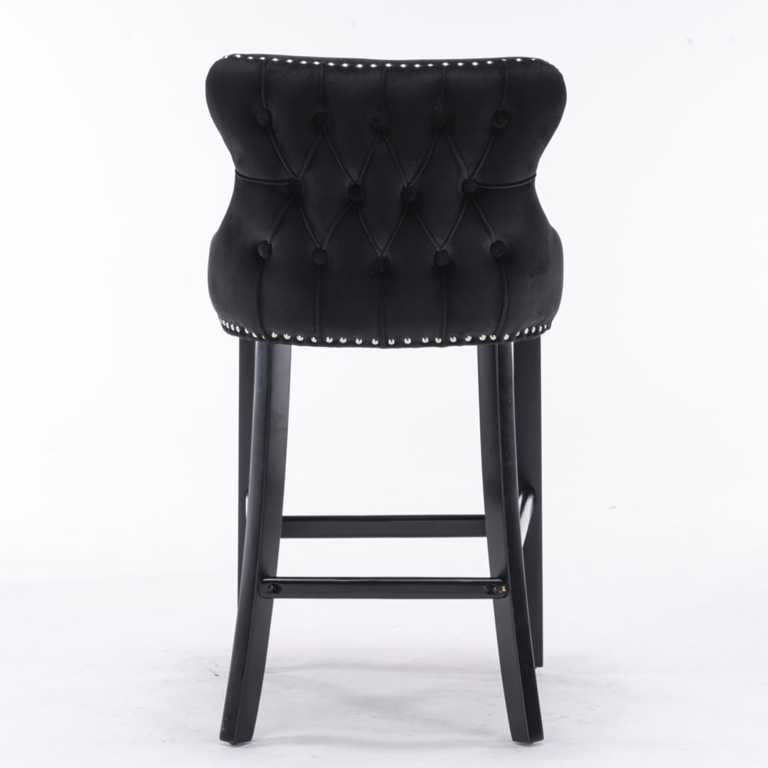 2x Velvet Upholstered Button Tufted Bar Stools with Wood Legs and Studs-Black